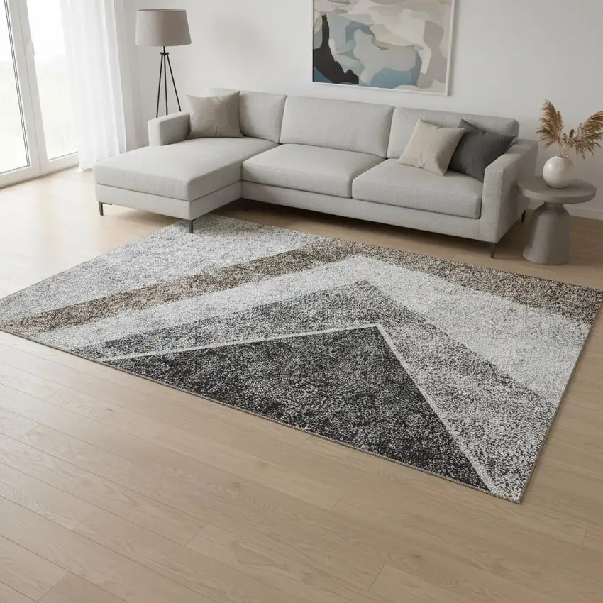 Gray Brown And Silver Geometric Washable Area Rug With UV Protection Photo 1