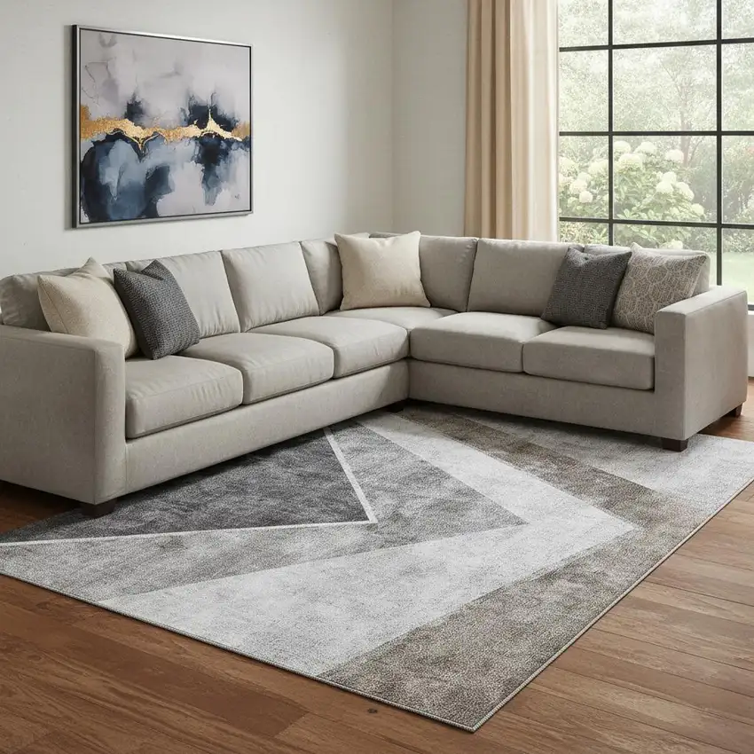 Gray Brown And Silver Geometric Washable Area Rug With UV Protection Photo 1