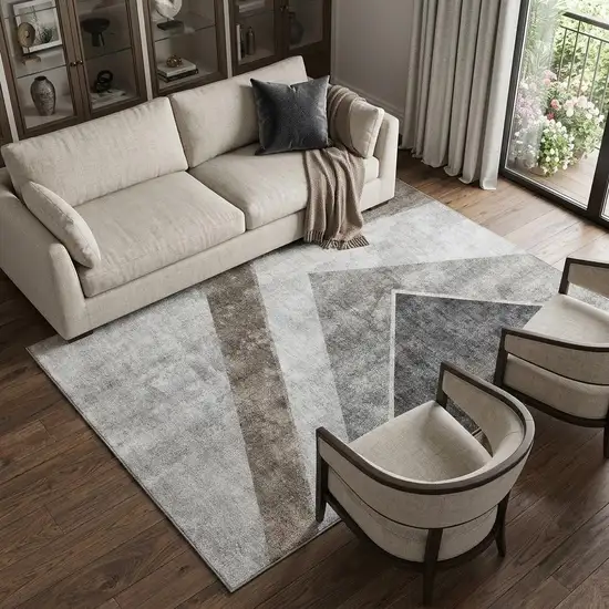 Gray Brown And Silver Geometric Washable Area Rug With UV Protection Photo 1