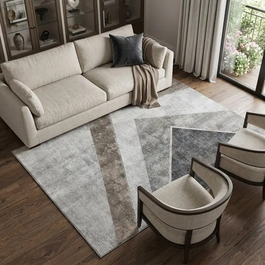 Gray Brown And Silver Geometric Washable Area Rug With UV Protection Photo 1