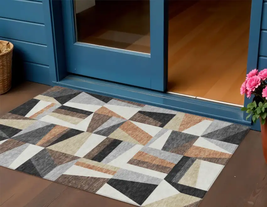 Gray Brown And White Geometric Washable Indoor Outdoor Area Rug Photo 1