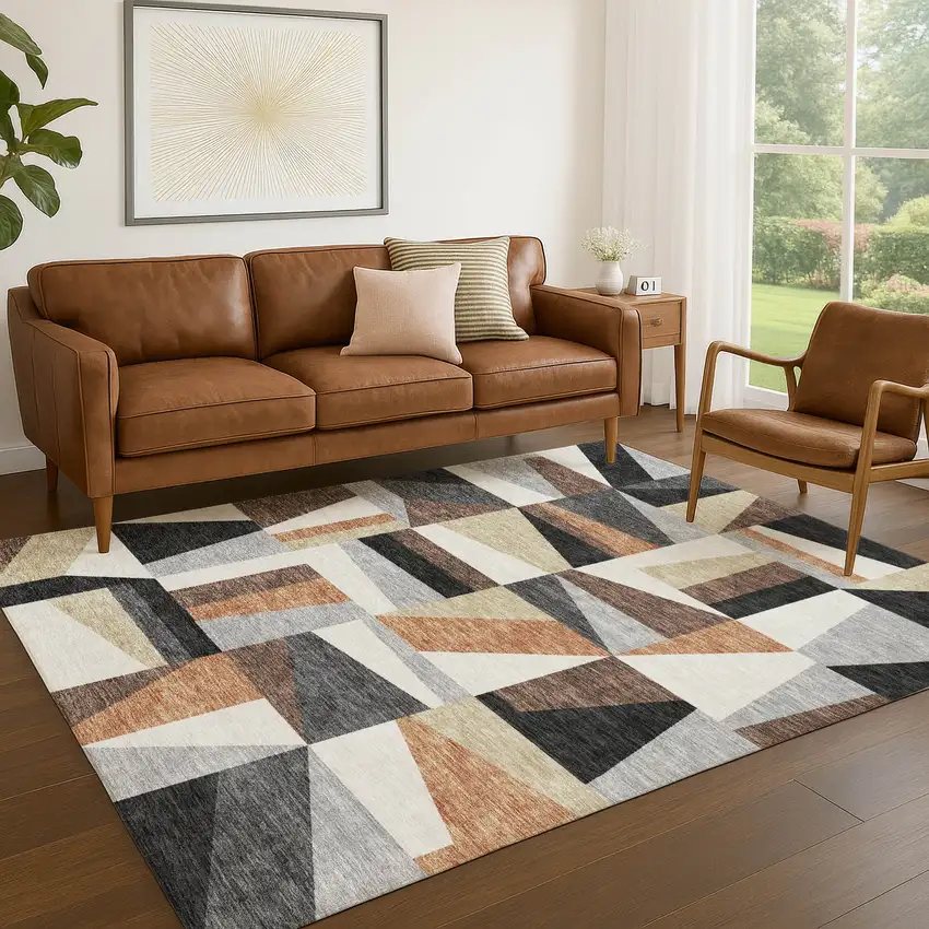 Gray Brown And White Geometric Washable Indoor Outdoor Area Rug Photo 6