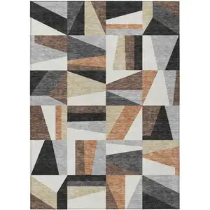 Photo of Gray Brown And White Geometric Washable Indoor Outdoor Area Rug