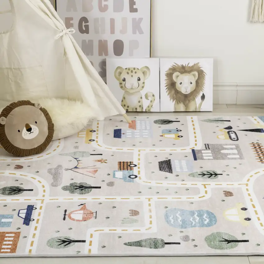 Gray Brown and Blue Juvenile Transportation Youthful Area Rug Photo 6