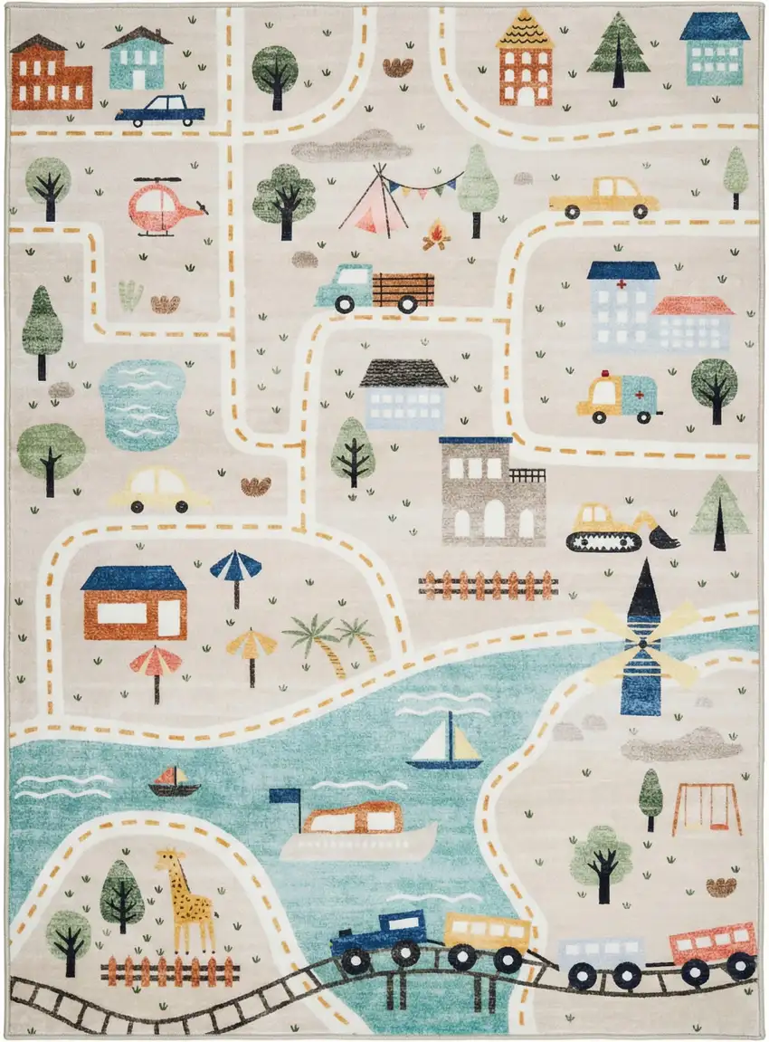 Gray Brown and Blue Juvenile Transportation Youthful Area Rug Photo 4