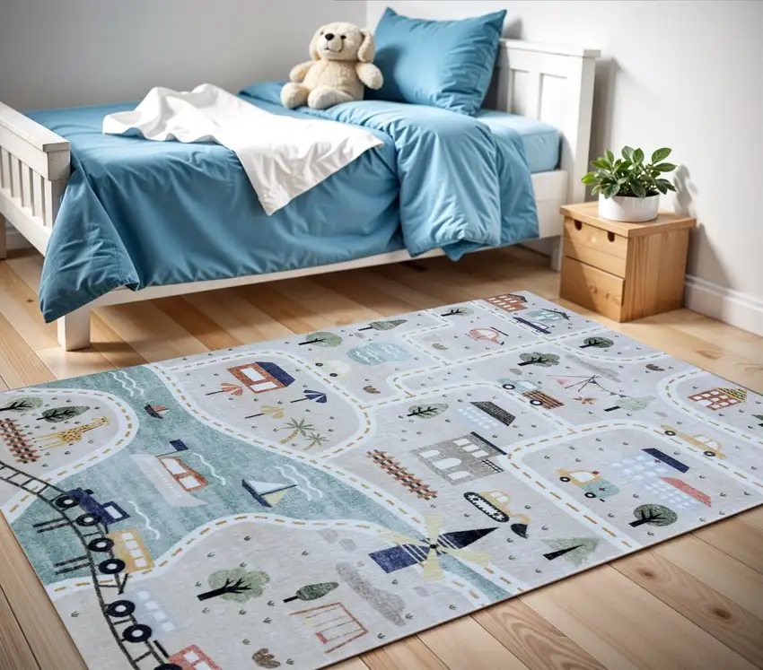 Gray Brown and Blue Juvenile Transportation Youthful Area Rug Photo 3