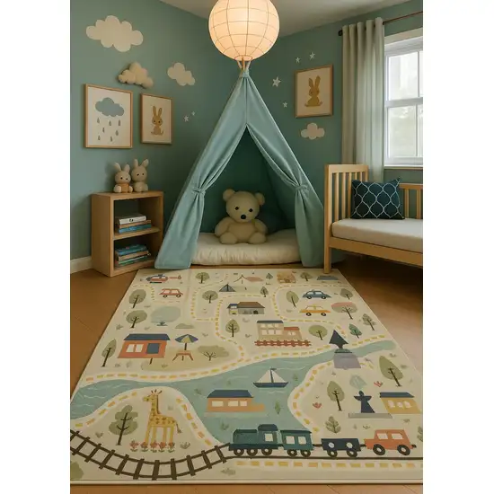 Gray Brown and Blue Juvenile Transportation Youthful Area Rug Photo 5