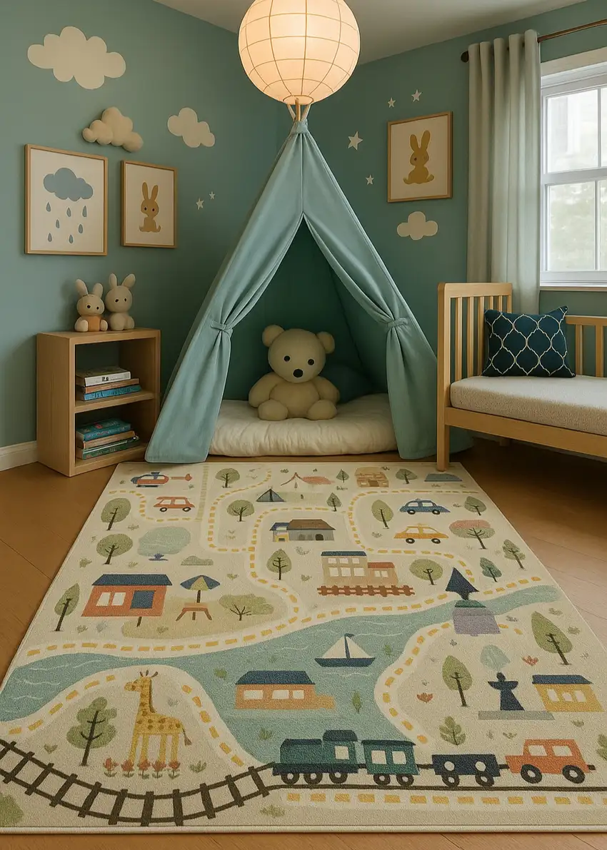 Gray Brown and Blue Juvenile Transportation Youthful Area Rug Photo 5