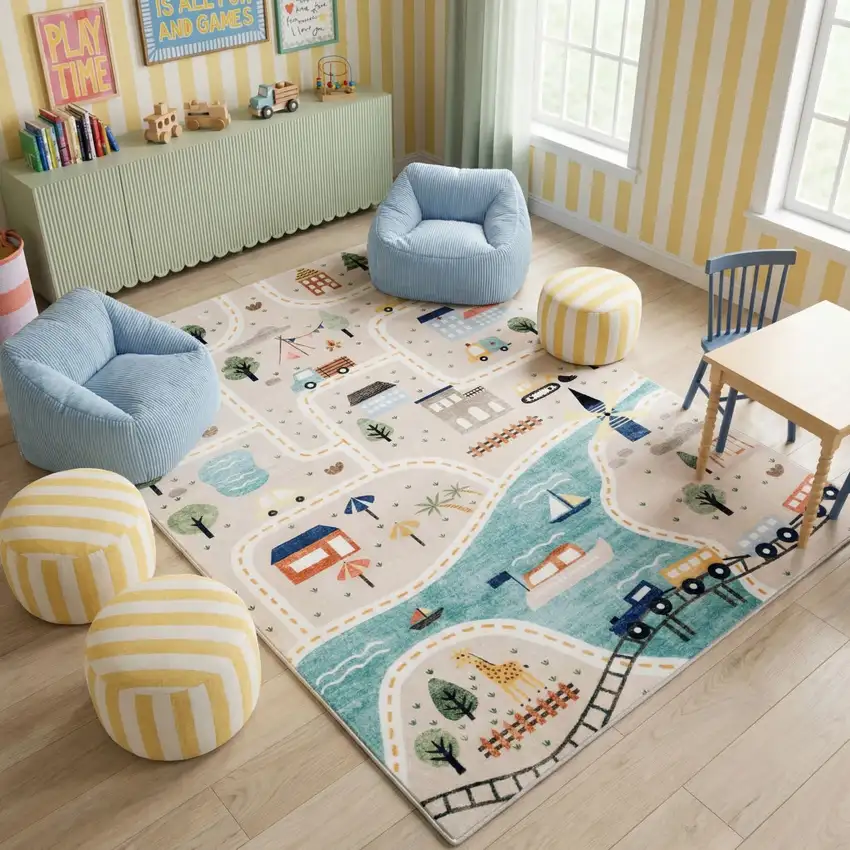 Gray Brown and Blue Juvenile Transportation Youthful Area Rug Photo 5