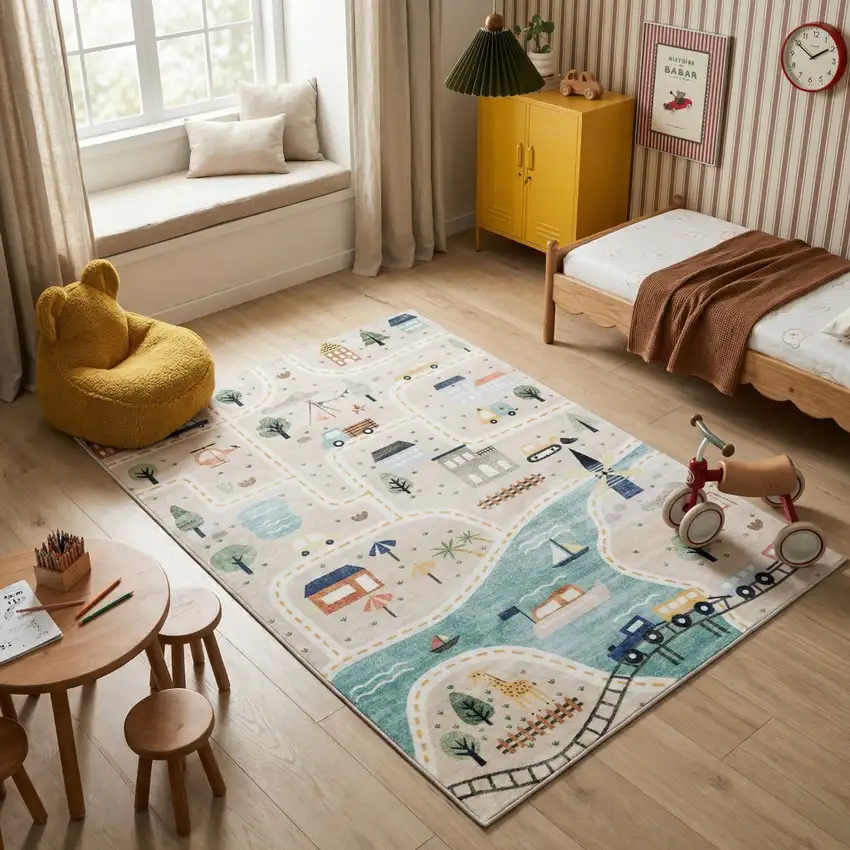 Gray Brown and Blue Juvenile Transportation Youthful Area Rug Photo 7