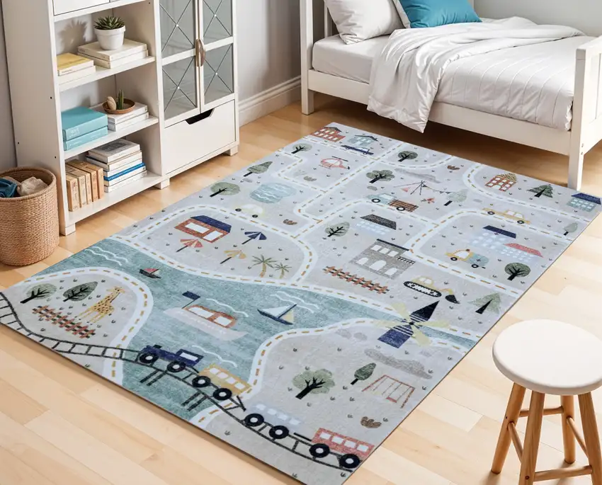 Gray Brown and Blue Juvenile Transportation Youthful Area Rug Photo 3