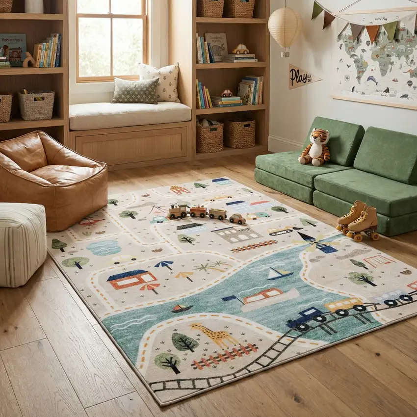 Gray Brown and Blue Juvenile Transportation Youthful Area Rug Photo 8