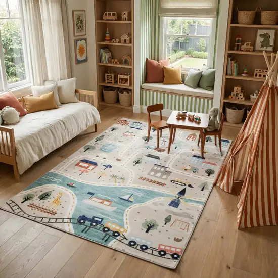 Gray Brown and Blue Juvenile Transportation Youthful Area Rug Photo 9