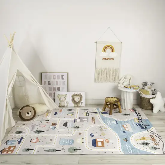 Gray Brown and Blue Juvenile Transportation Youthful Area Rug Photo 1