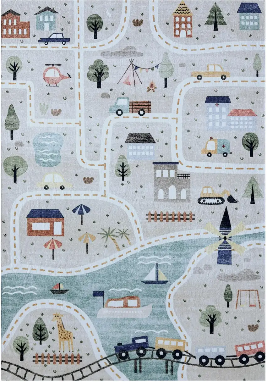 Gray Brown and Blue Juvenile Transportation Youthful Area Rug Photo 2