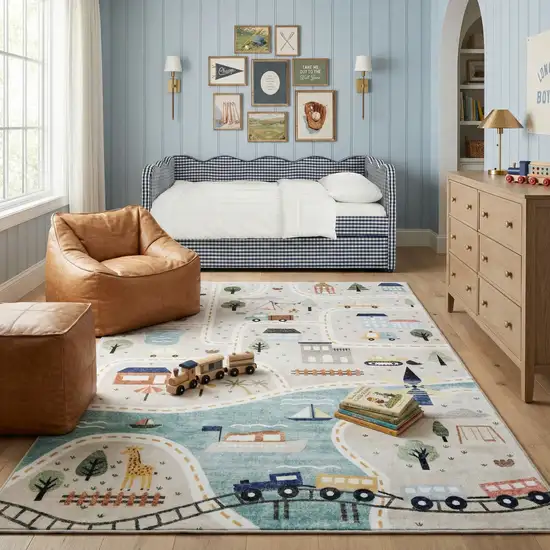 Gray Brown and Blue Juvenile Transportation Youthful Area Rug Photo 6