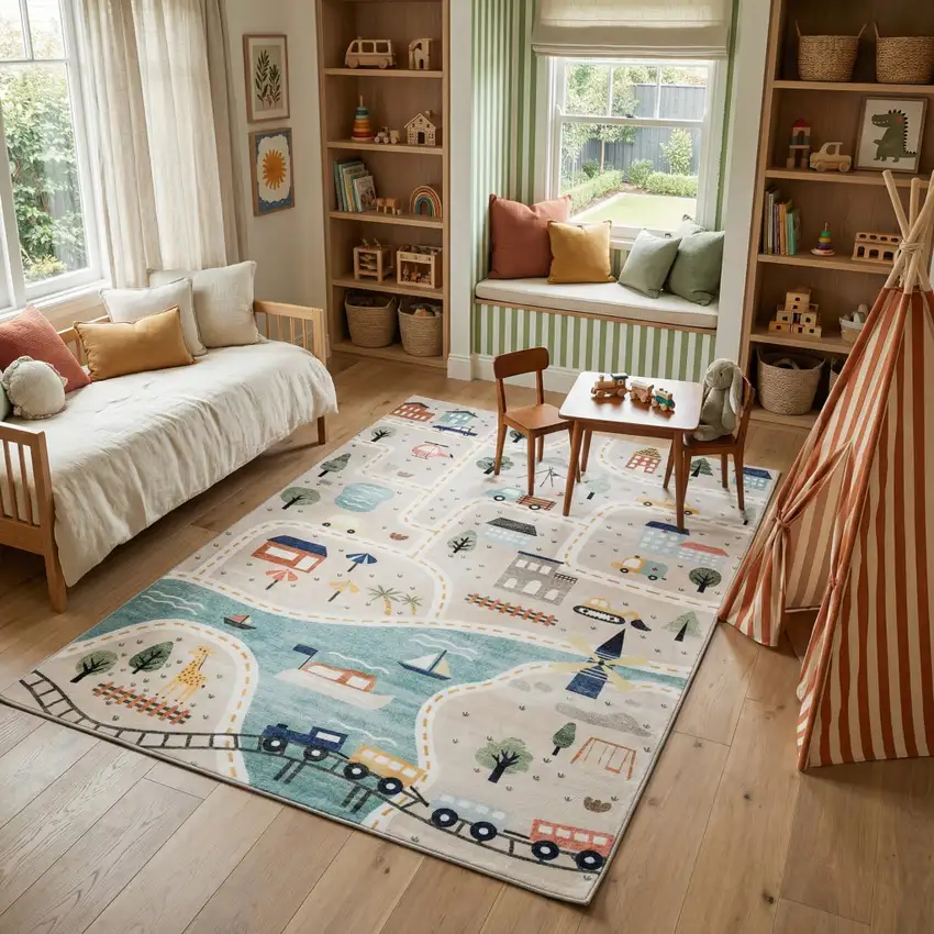 Gray Brown and Blue Juvenile Transportation Youthful Area Rug Photo 9