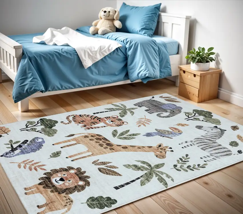 Gray Brown and Green Juvenile Zoo Animals Youthful Area Rug Photo 2