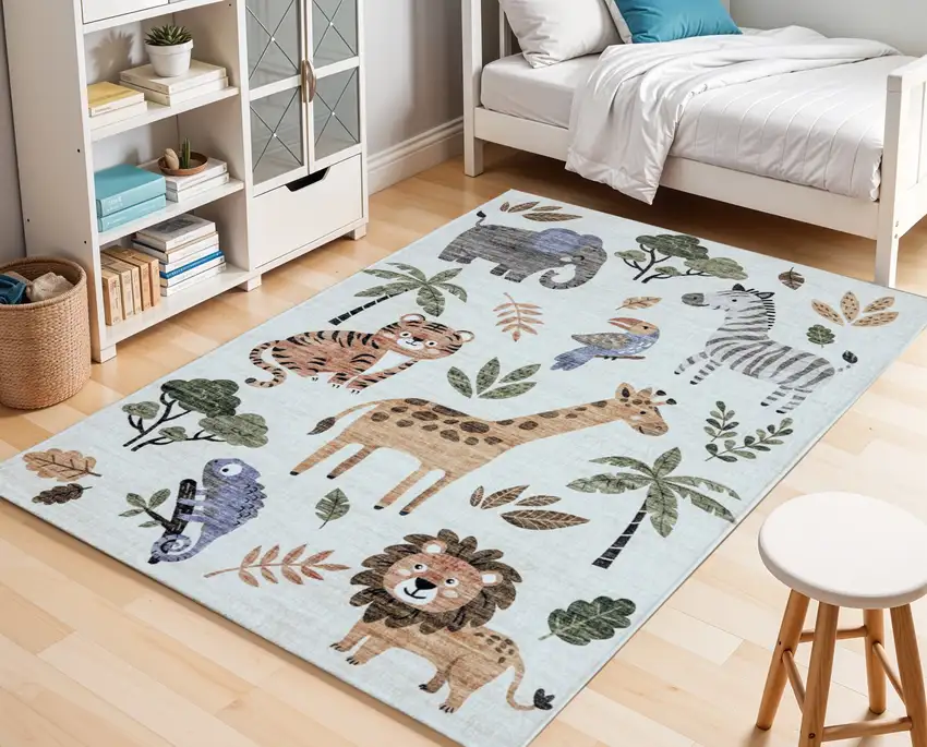 Gray Brown and Green Juvenile Zoo Animals Youthful Area Rug Photo 3
