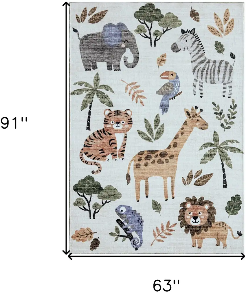 Gray Brown and Green Juvenile Zoo Animals Youthful Area Rug Photo 5