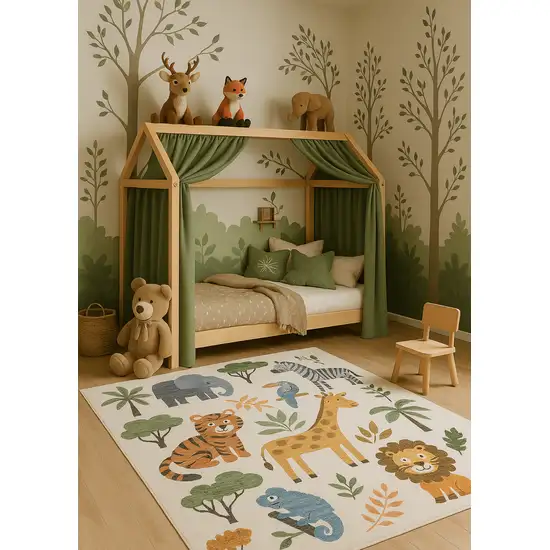 Gray Brown and Green Juvenile Zoo Animals Youthful Area Rug Photo 9