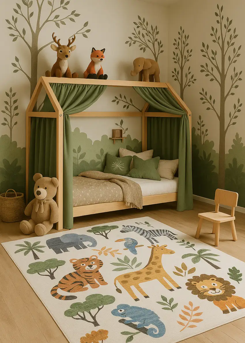 Gray Brown and Green Juvenile Zoo Animals Youthful Area Rug Photo 9