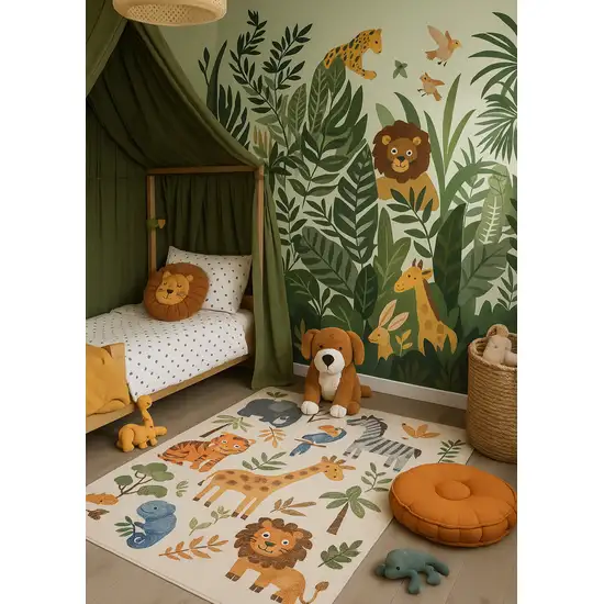 Gray Brown and Green Juvenile Zoo Animals Youthful Area Rug Photo 6