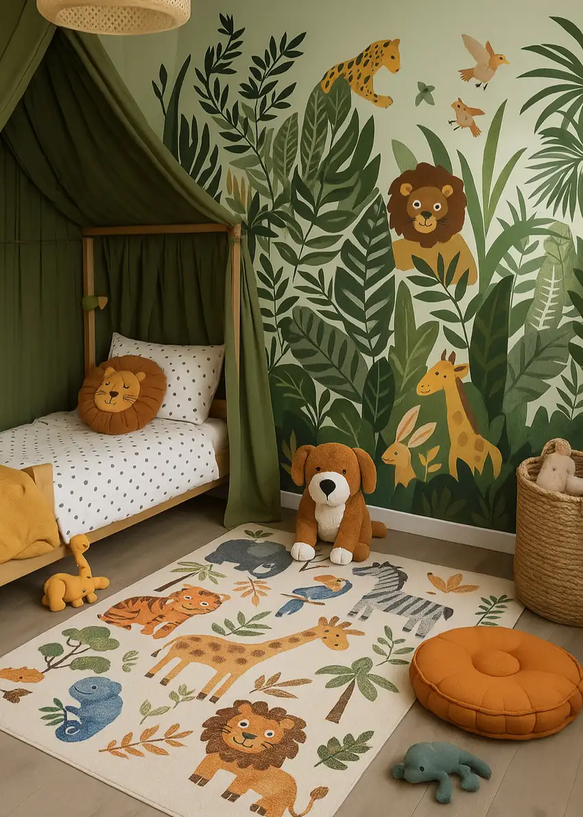 Gray Brown and Green Juvenile Zoo Animals Youthful Area Rug Photo 6