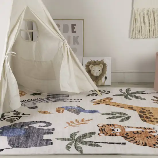 Gray Brown and Green Juvenile Zoo Animals Youthful Area Rug Photo 7