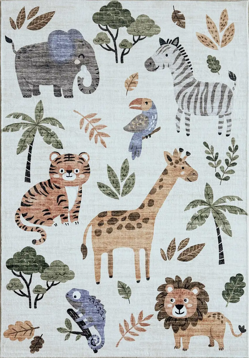 Gray Brown and Green Juvenile Zoo Animals Youthful Area Rug Photo 1