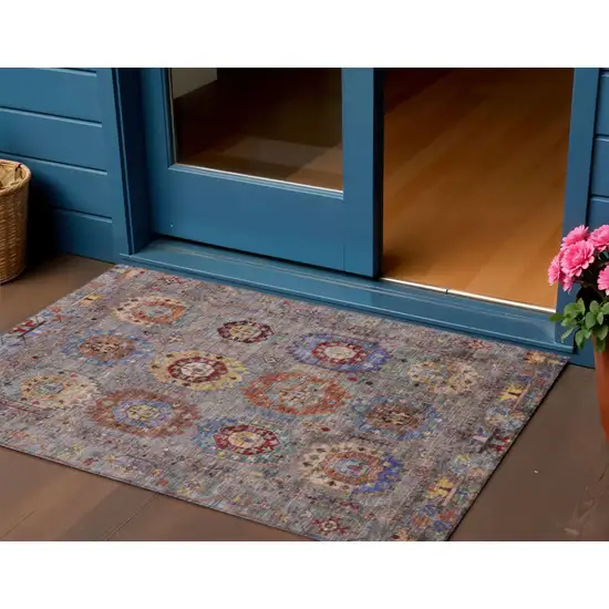 Gray Burgundy And Gold Medallion Washable Indoor Outdoor Area Rug Photo 1