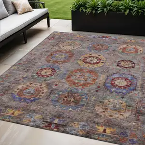 Photo of Gray Burgundy And Gold Medallion Washable Indoor Outdoor Area Rug