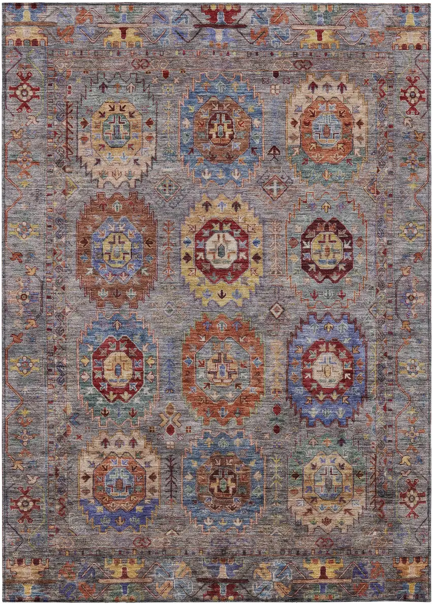 Gray Burgundy And Gold Medallion Washable Indoor Outdoor Area Rug Photo 2