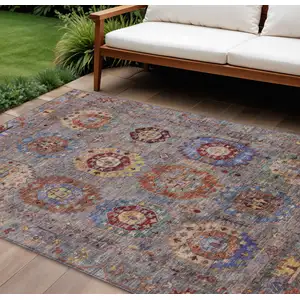 Photo of Gray Burgundy And Gold Medallion Washable Indoor Outdoor Area Rug