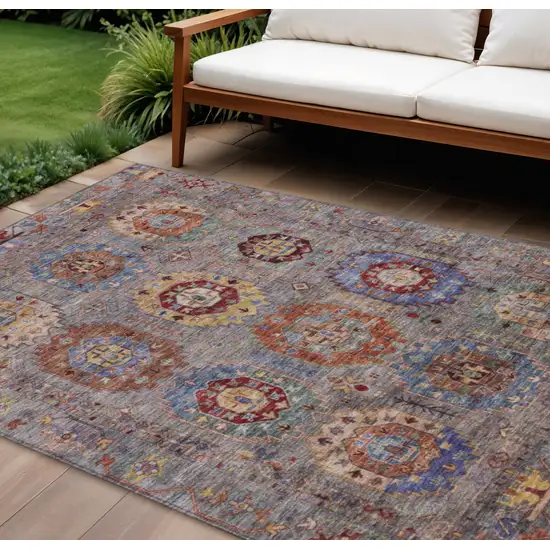 Gray Burgundy And Gold Medallion Washable Indoor Outdoor Area Rug Photo 1