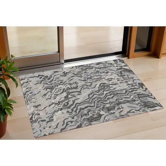 Gray Charcoal And Beige Abstract Washable Indoor Outdoor Area Rug Photo 1