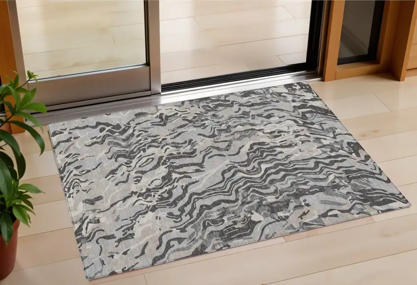 Gray Charcoal And Beige Abstract Washable Indoor Outdoor Area Rug Photo 1
