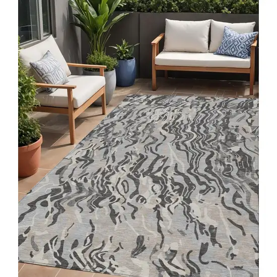 Gray Charcoal And Beige Abstract Washable Indoor Outdoor Area Rug Photo 1