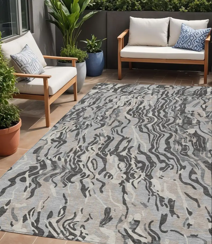 Gray Charcoal And Beige Abstract Washable Indoor Outdoor Area Rug Photo 1