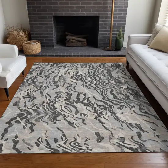 Gray Charcoal And Beige Abstract Washable Indoor Outdoor Area Rug Photo 9
