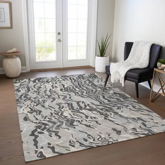 Gray Charcoal And Beige Abstract Washable Indoor Outdoor Area Rug Photo 8