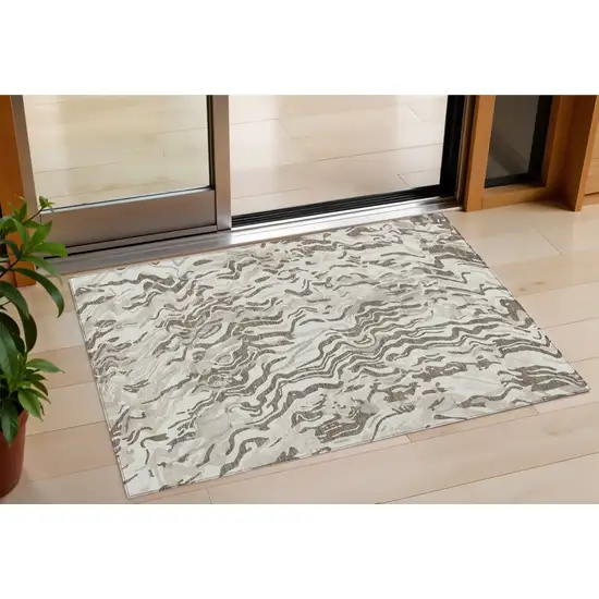Gray Charcoal And Beige Abstract Washable Indoor Outdoor Area Rug Photo 1