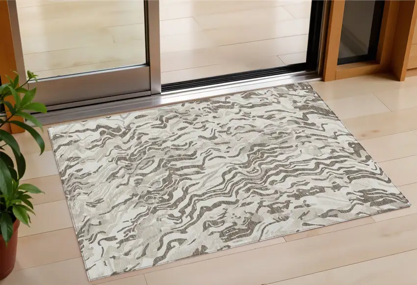 Gray Charcoal And Beige Abstract Washable Indoor Outdoor Area Rug Photo 1