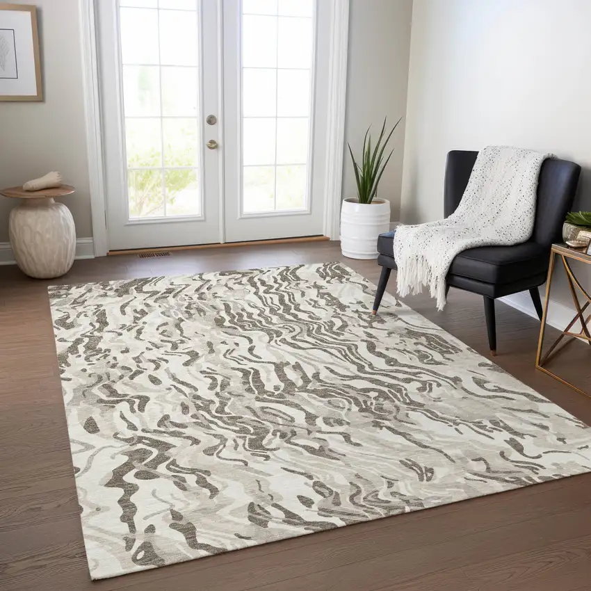 Gray Charcoal And Beige Abstract Washable Indoor Outdoor Area Rug Photo 9