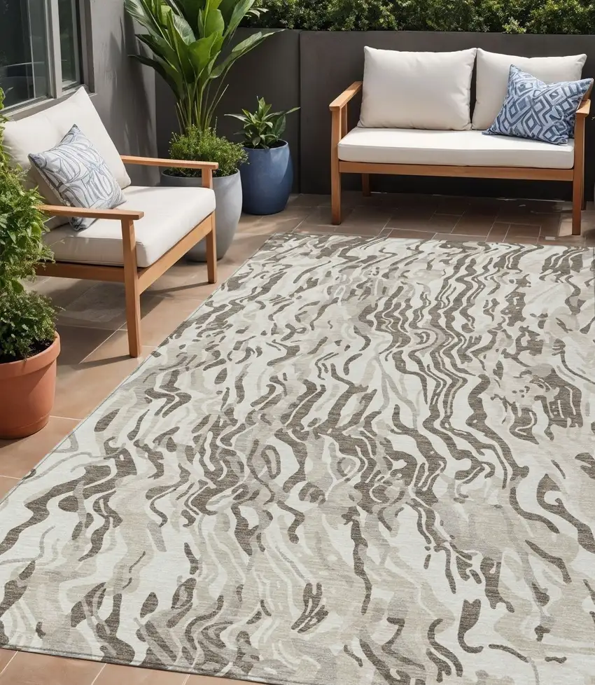 Gray Charcoal And Beige Abstract Washable Indoor Outdoor Area Rug Photo 1