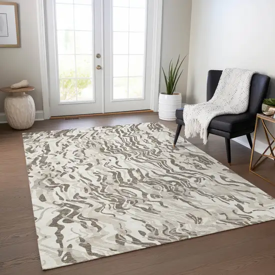 Gray Charcoal And Beige Abstract Washable Indoor Outdoor Area Rug Photo 9