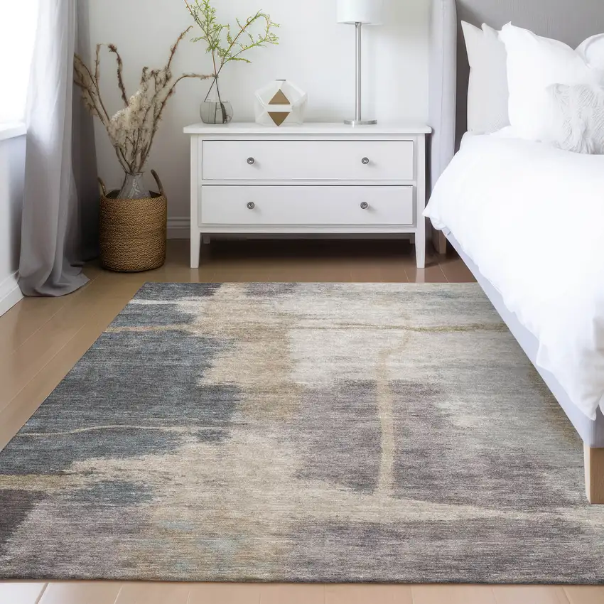 Gray Charcoal And Beige Abstract Washable Indoor Outdoor Area Rug Photo 9