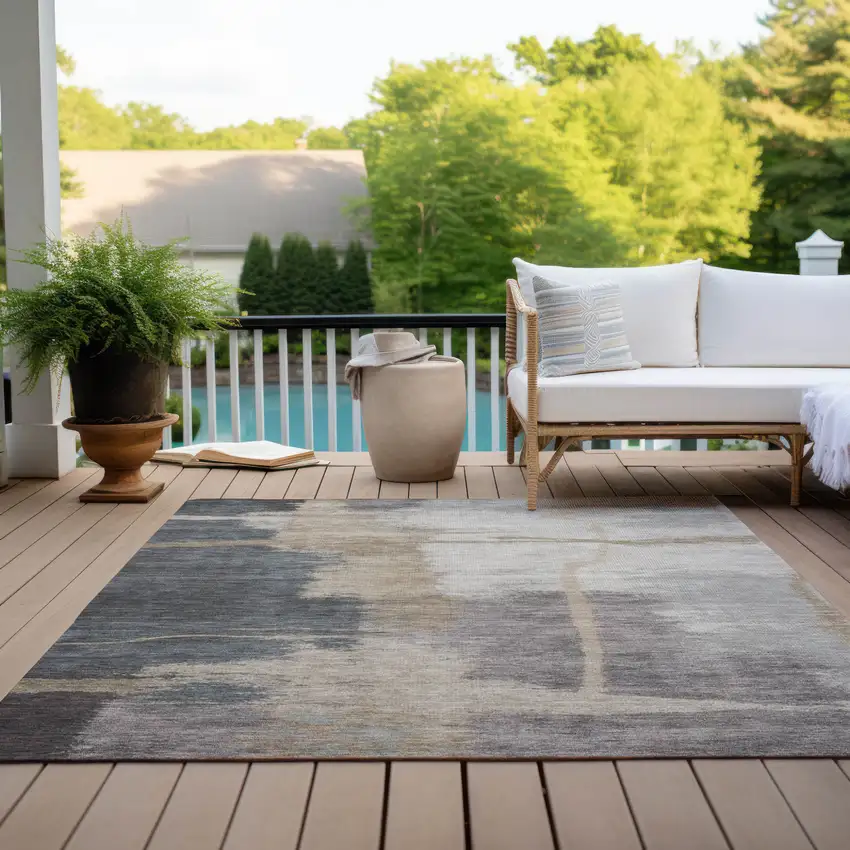 Gray Charcoal And Beige Abstract Washable Indoor Outdoor Area Rug Photo 9