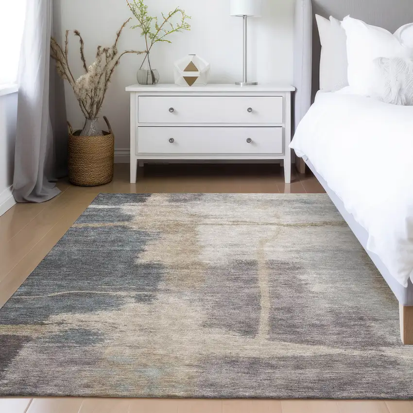 Gray Charcoal And Beige Abstract Washable Indoor Outdoor Area Rug Photo 9