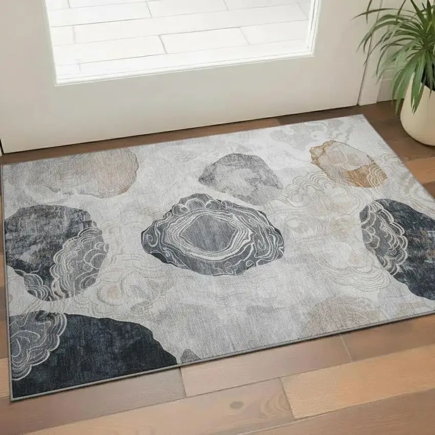 Gray Charcoal And Beige Geometric Washable Area Rug With UV Protection Photo 2